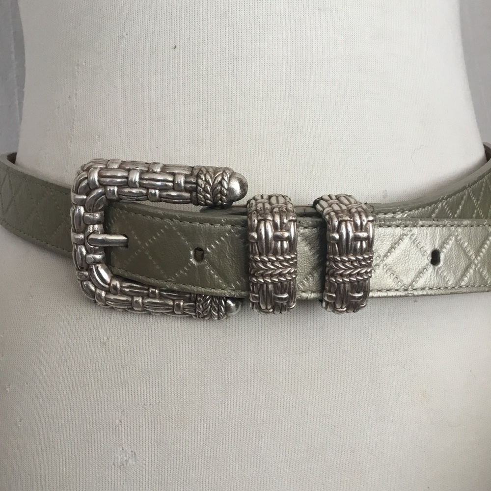Vintage Street Works Leather Belt Green Quilted Silver Woven Buckle M